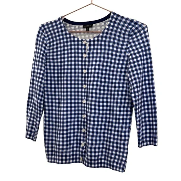 TALBOTS Gingham Cardigan Tank Blue Sweater - Picture 2 of 12